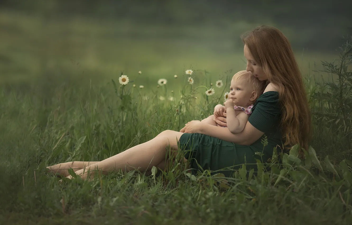 Photo wallpaper summer, grass, flowers, nature, woman, chamomile, baby, mom