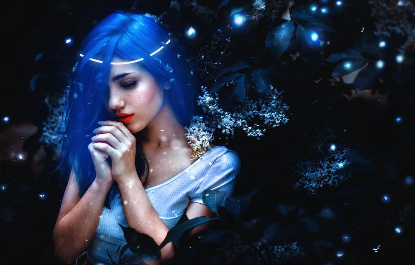 Photo wallpaper leaves, flowers, branches, pose, background, model, portrait, lights