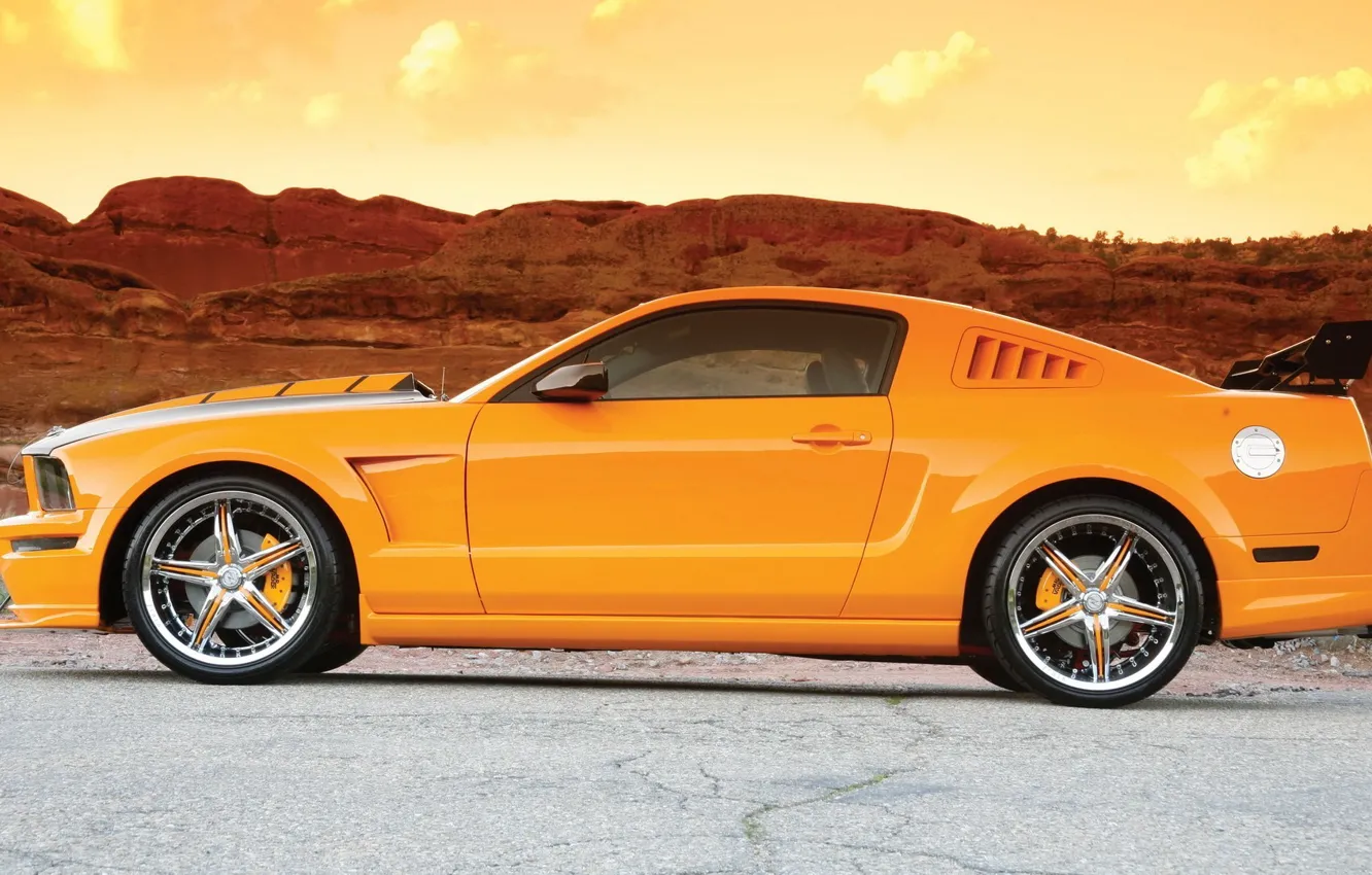 Photo wallpaper Ford, The sky, Road, Ford, Mustang, Orange, Mustang GT