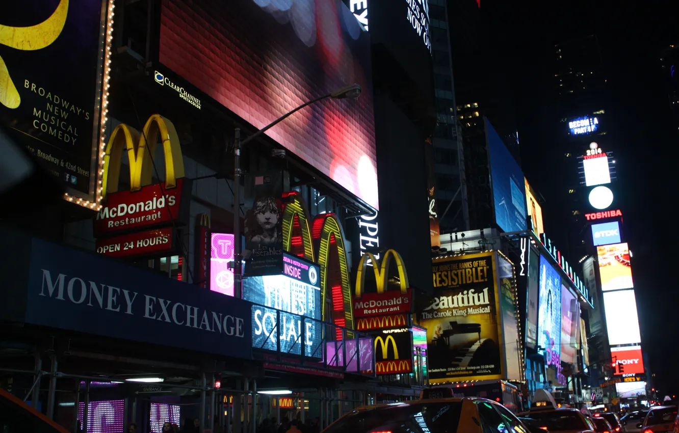 Photo wallpaper night, the city, New York, taxi, McDonald's, times square, NYC, New York City