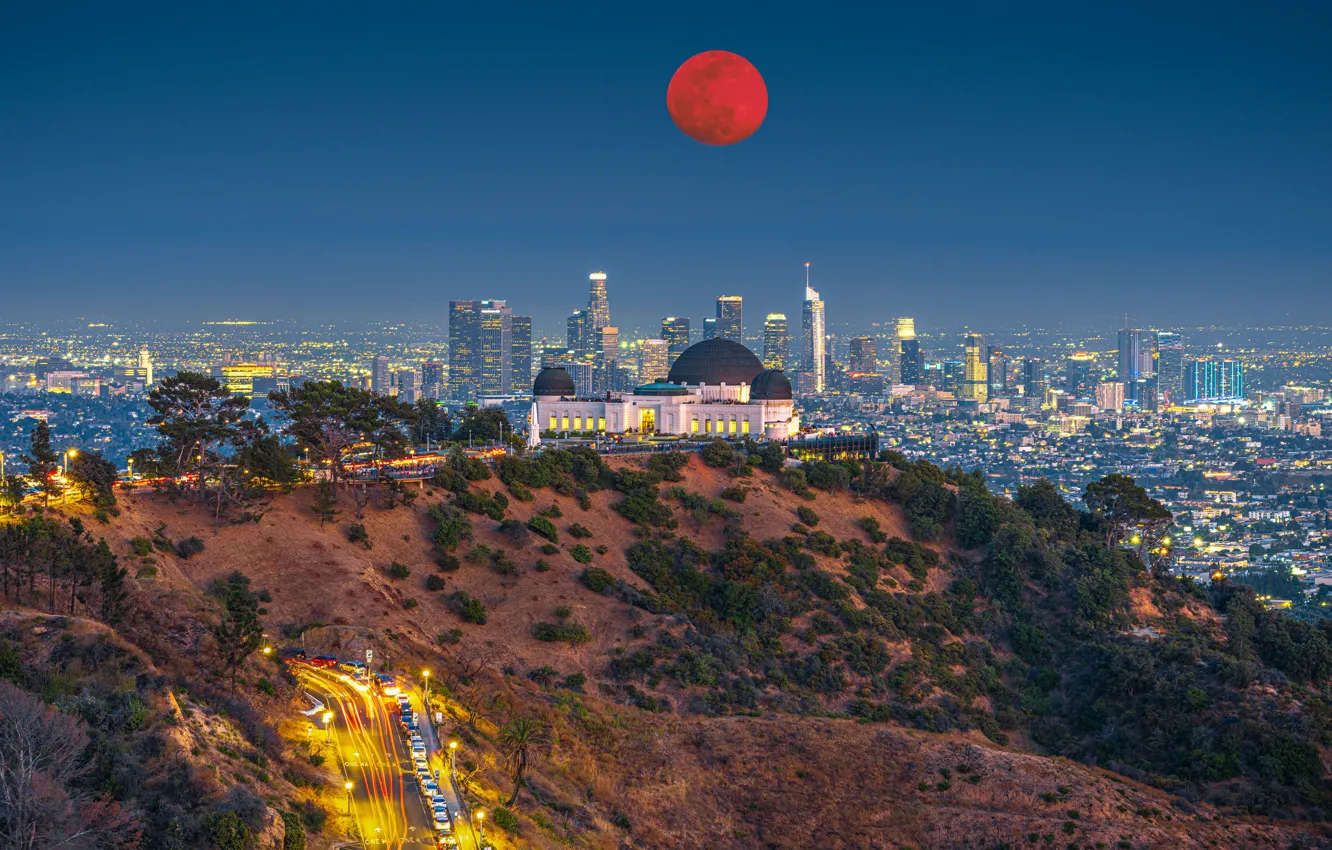 Photo wallpaper road, the sky, night, the moon, view, home, skyscrapers, CA