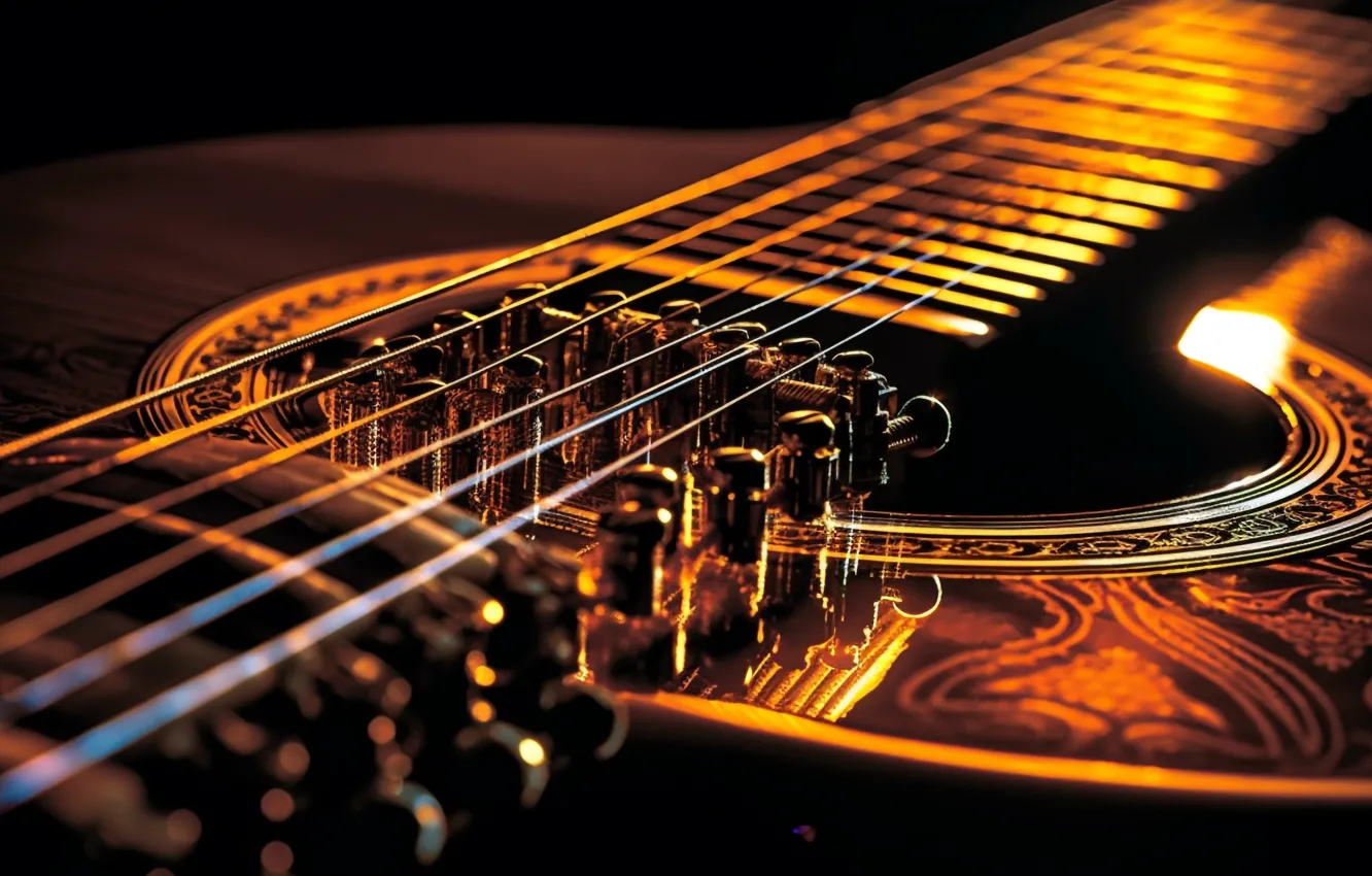Photo wallpaper light, close-up, music, guitar, strings, musical instrument, Antiques, digital art