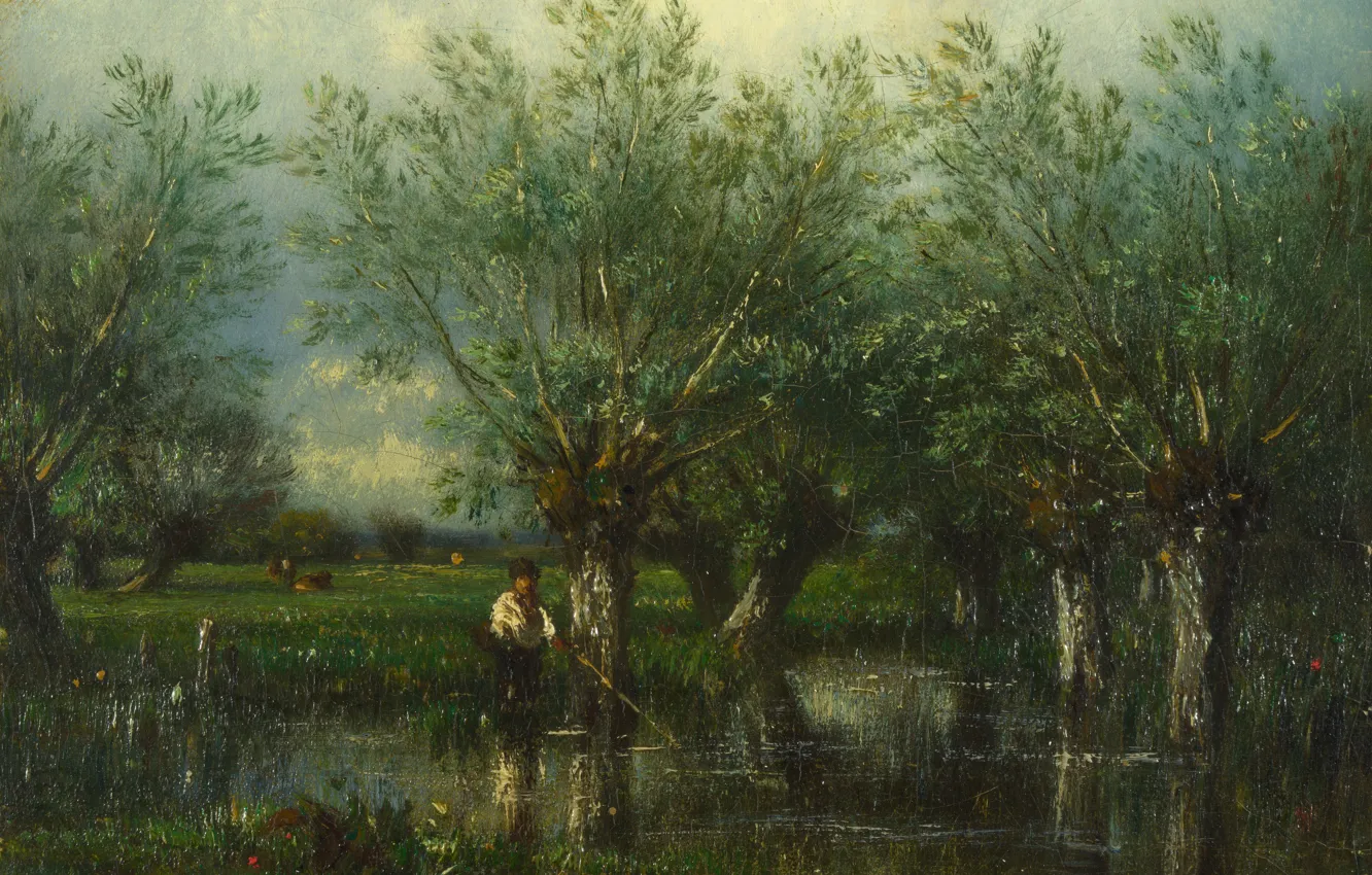 Photo wallpaper landscape, picture, Jules-Louis Dupre, Willow and Fisherman, Jules Dupre