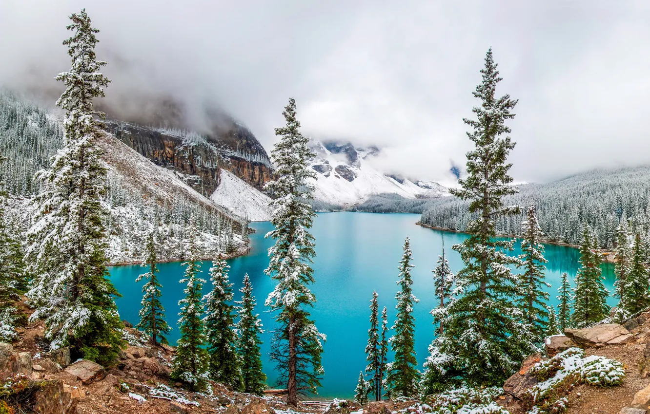 Photo wallpaper winter, forest, snow, trees, mountains, lake, stones, rocks