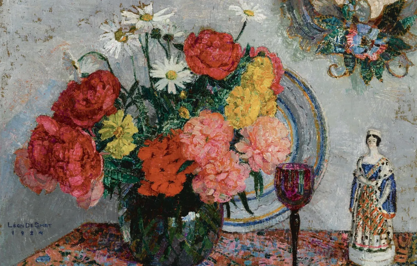 Photo wallpaper flowers, figurine, still life, glasses, 1924, Leon De Smet, Leon de Smet