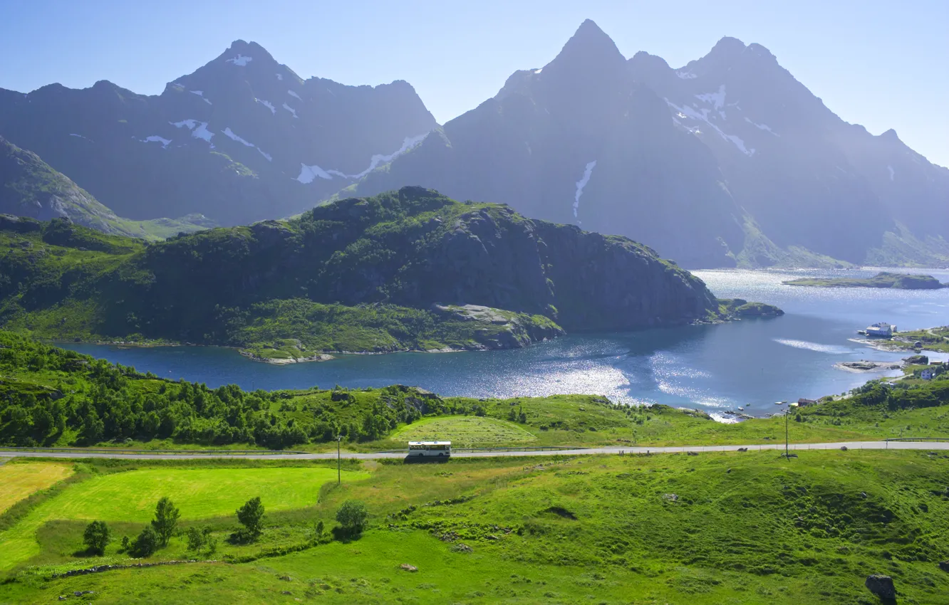 Photo wallpaper road, mountains, lake, shore, field, Norway, houses, bus