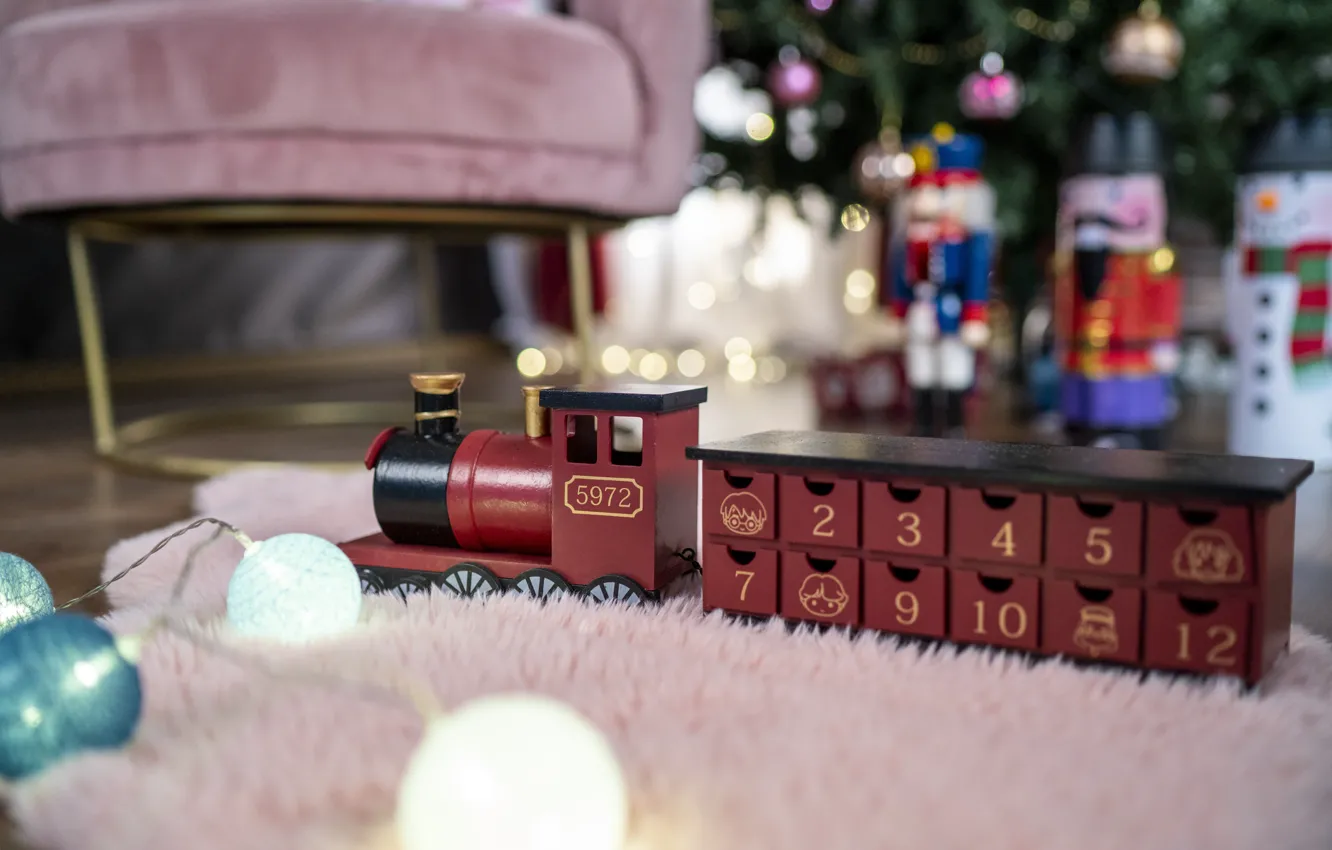 Photo wallpaper holiday, toy, Christmas, New year, train, Christmas decorations, new year decorations