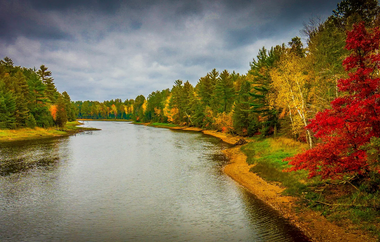 Photo wallpaper autumn, trees, landscape, river, beautiful