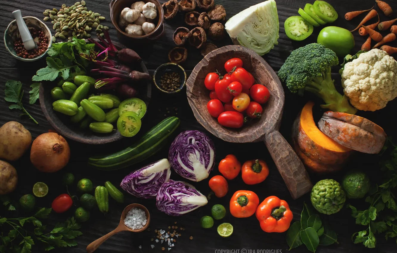 Photo wallpaper mushrooms, pumpkin, lime, pepper, vegetables, seeds, tomatoes, carrots