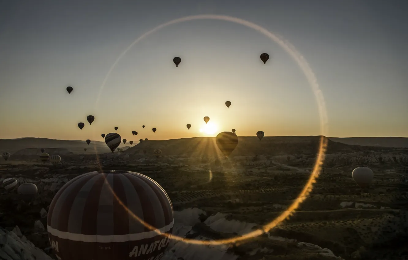 Photo wallpaper landscape, sunset, balloons, desert