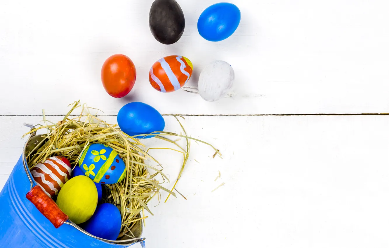 Photo wallpaper holiday, eggs, Easter, socket, bucket, straw, Easter, eggs