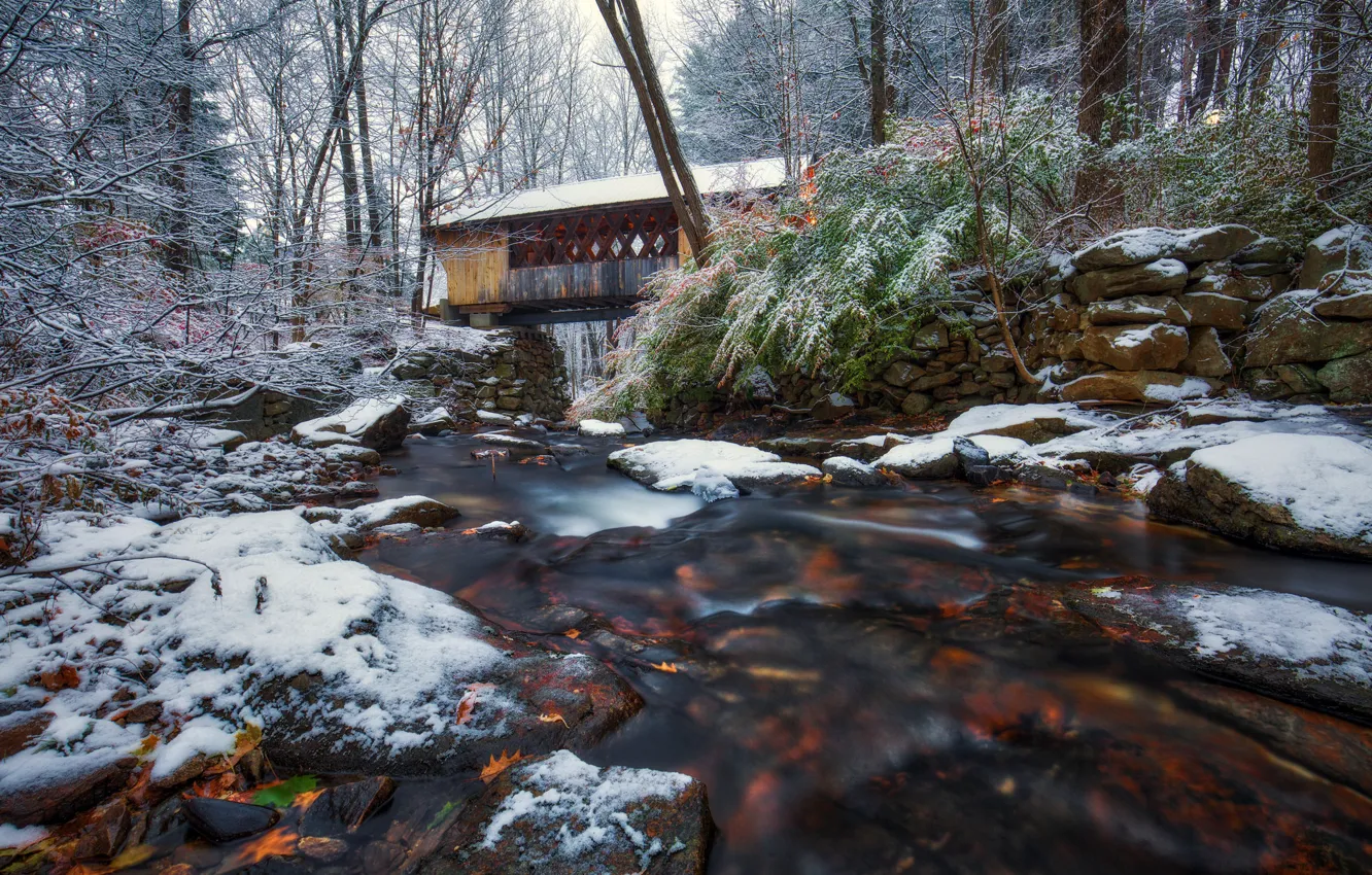 Photo wallpaper autumn, snow, trees, bridge, river, New Hampshire, NH, Guildford
