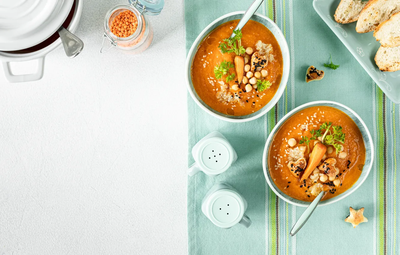 Photo wallpaper towel, bowl, spices, pumpkin soup