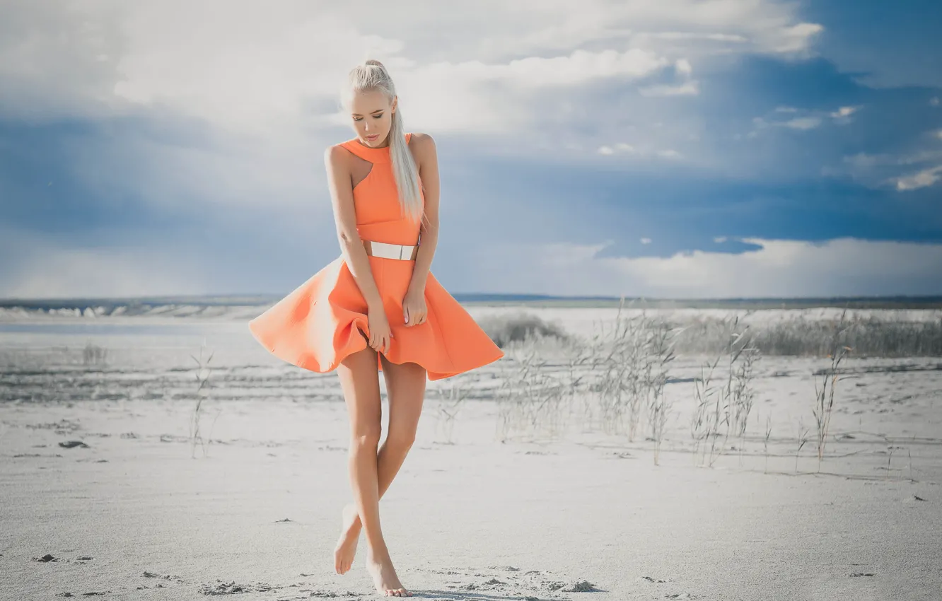 Photo wallpaper sand, girl, shore, dress, legs, True Paceva