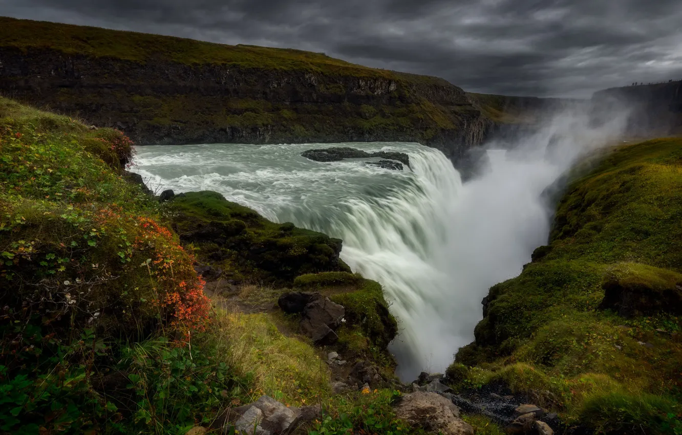Photo wallpaper mountains, waterfall, stream