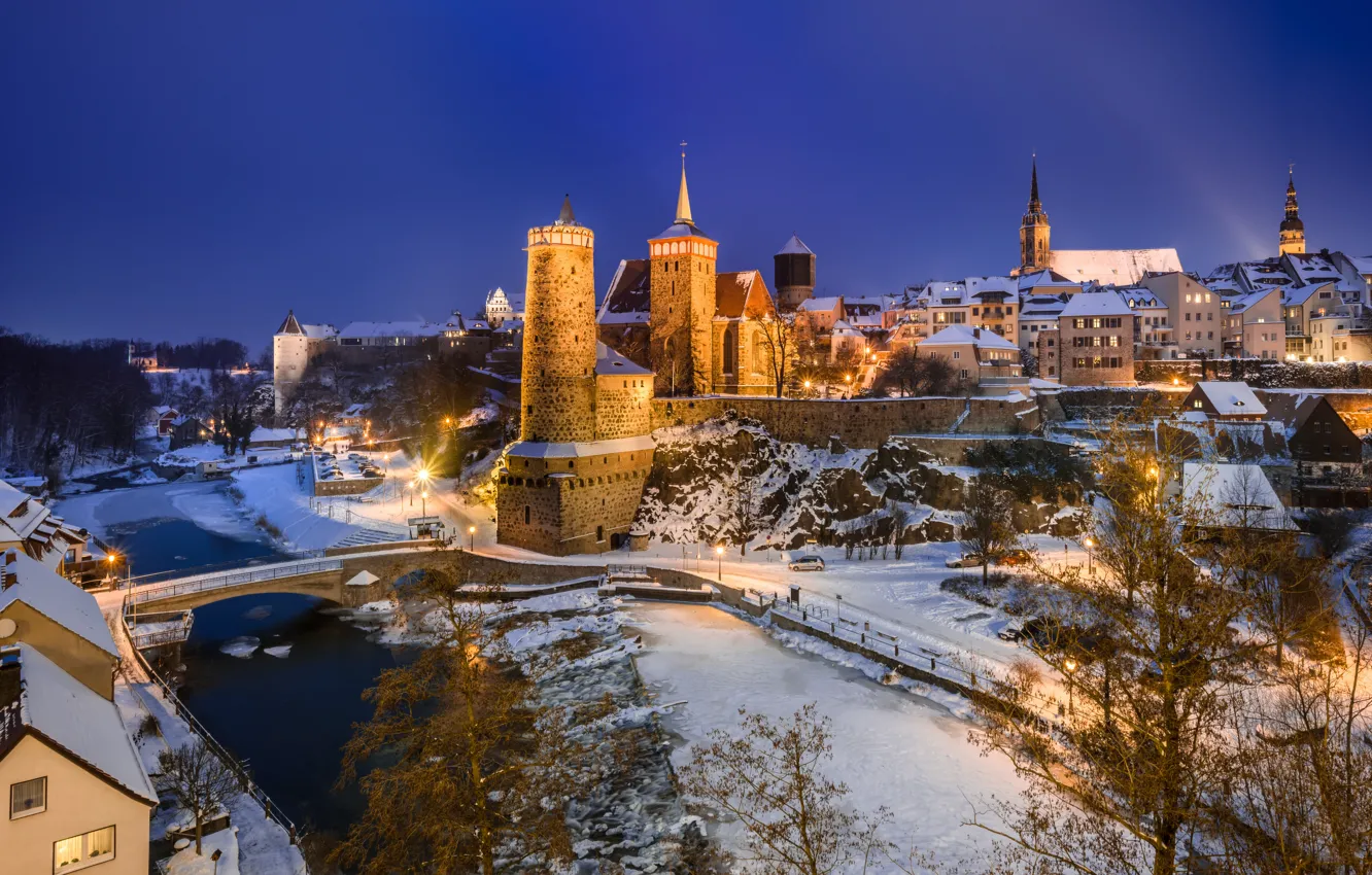 Photo wallpaper winter, castle, the evening, Germany, Bautzen