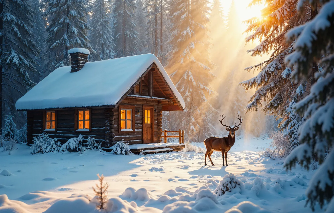 Photo wallpaper winter, forest, snow, mountains, tree, deer, house, house