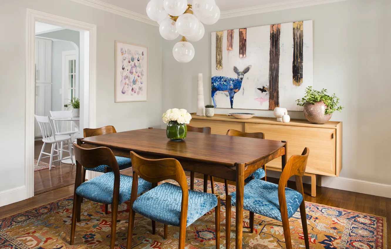Photo wallpaper room, interior, retro style, dining room, vintage design, A modest dining room, with mid-century modern …