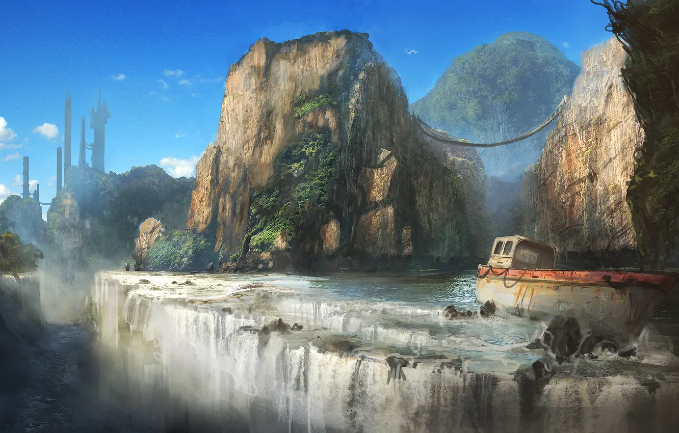 Photo wallpaper mountains, bridge, river, open, rocks, ship, waterfall, the skeleton