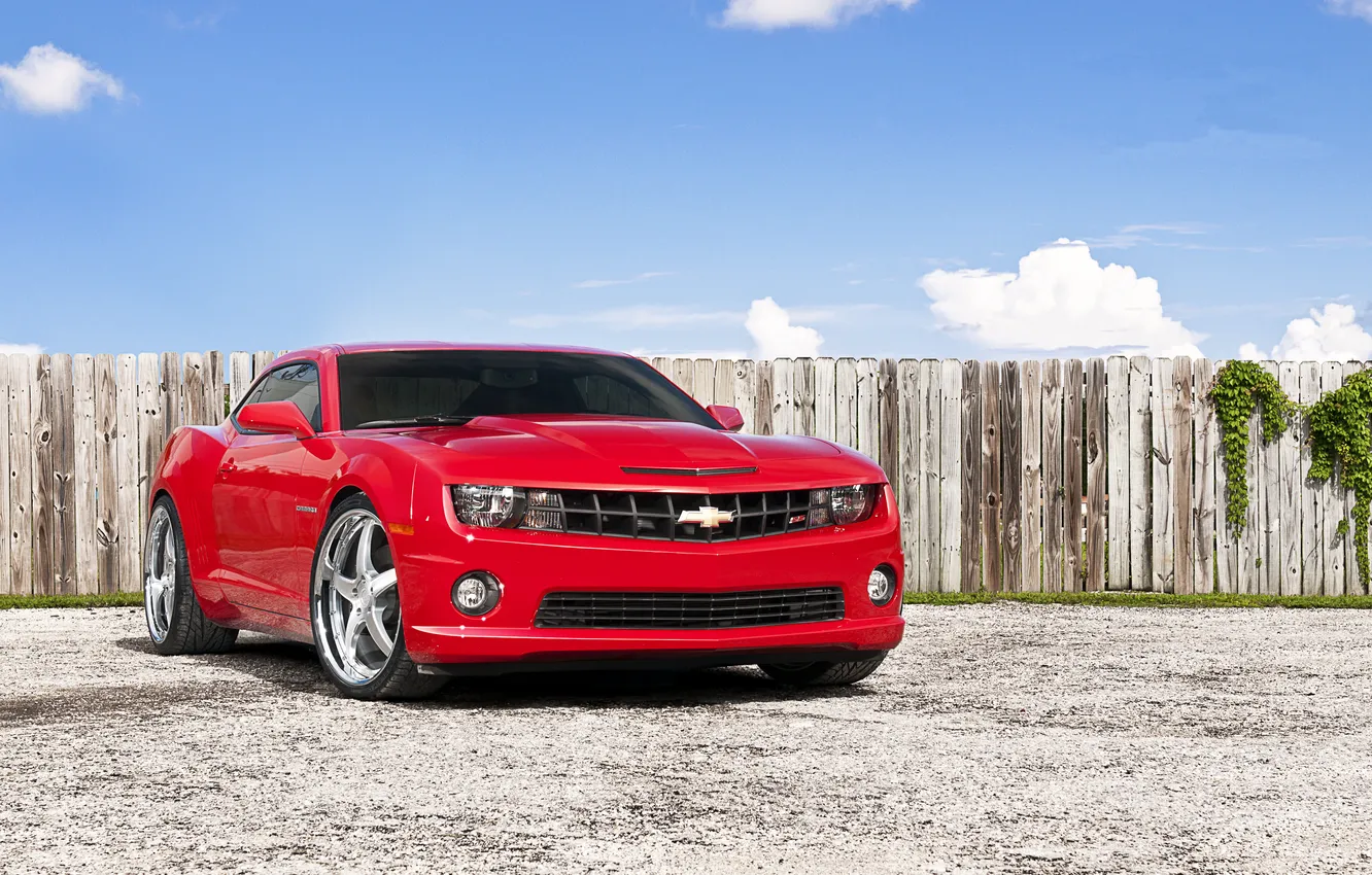 Photo wallpaper red, the fence, Chevrolet, Camaro, red, Chevrolet, muscle car, Camaro