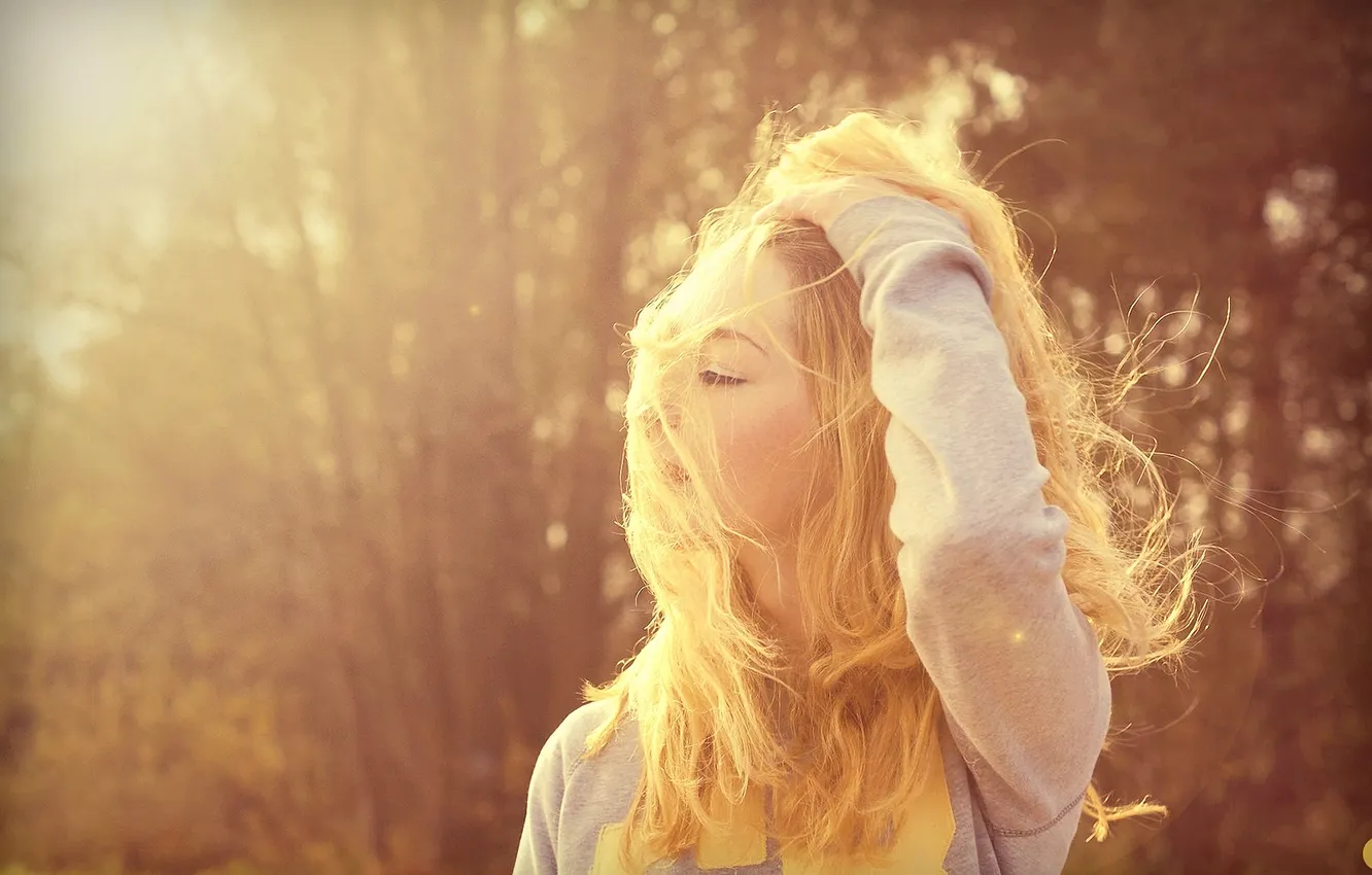 Photo wallpaper girl, the wind, blonde, bokeh