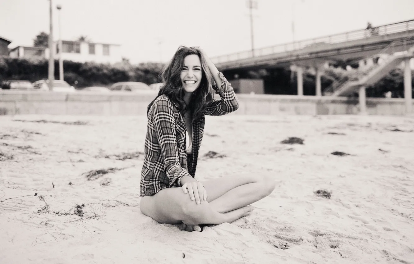 Photo wallpaper sand, beach, girl, smile, brunette, laughs, smiling