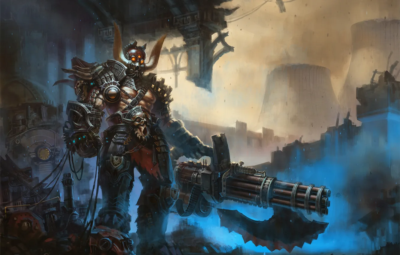 Photo wallpaper fiction, mask, art, male, armor, machine gun