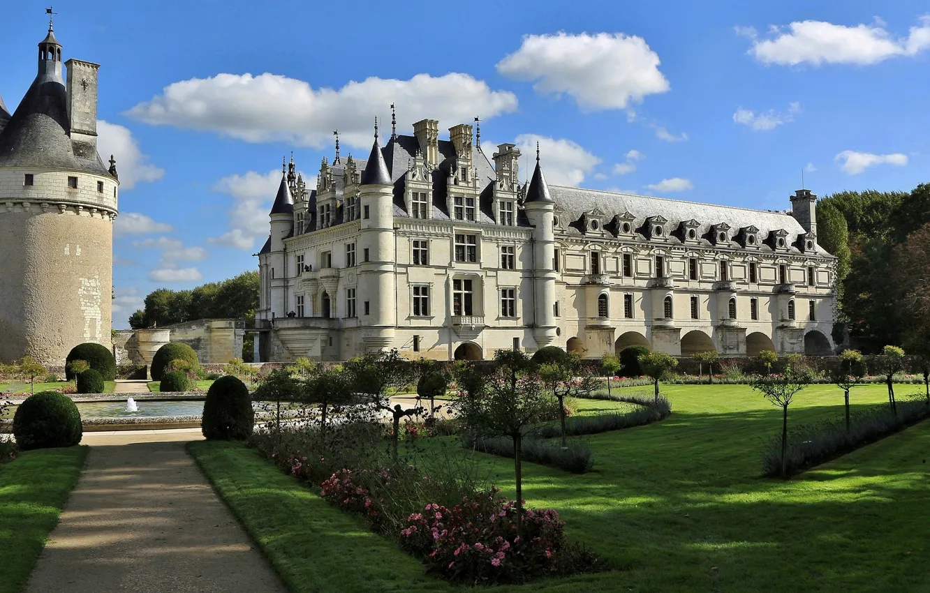 Photo wallpaper trees, Park, castle, France, tower, garden, fountain, architecture
