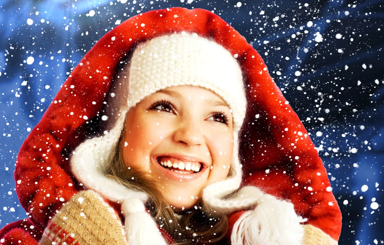 Photo wallpaper winter, white, girl, joy, snowflakes, red, smile, mood