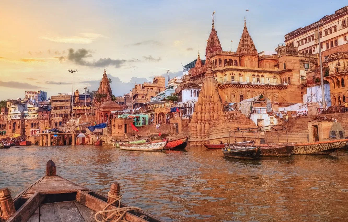 Photo wallpaper river, boat, home, Ganges, Varanasi, Varanasi, The Ganges River, Ganges