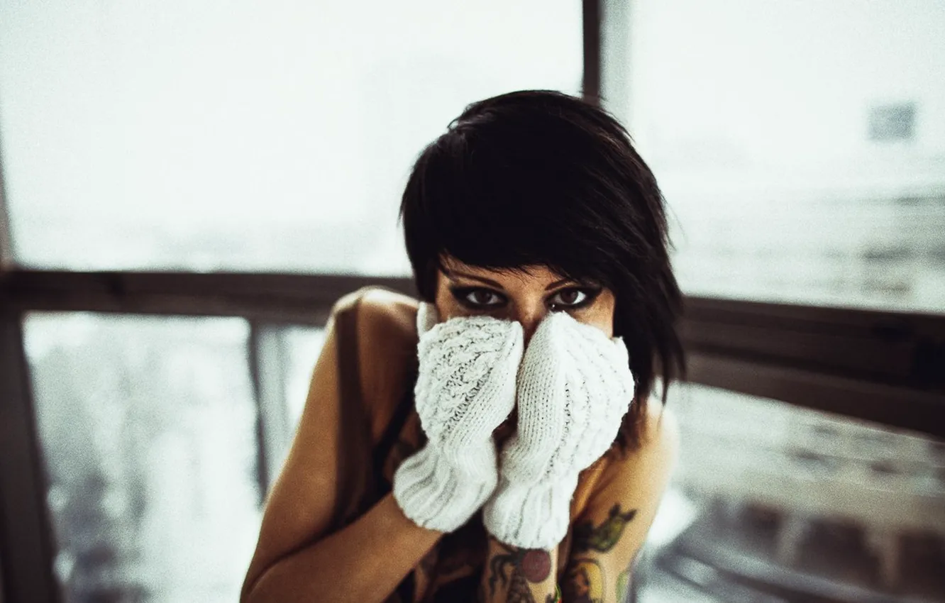 Photo wallpaper eyes, girl, hair, view, window, tattoo, balcony, girl