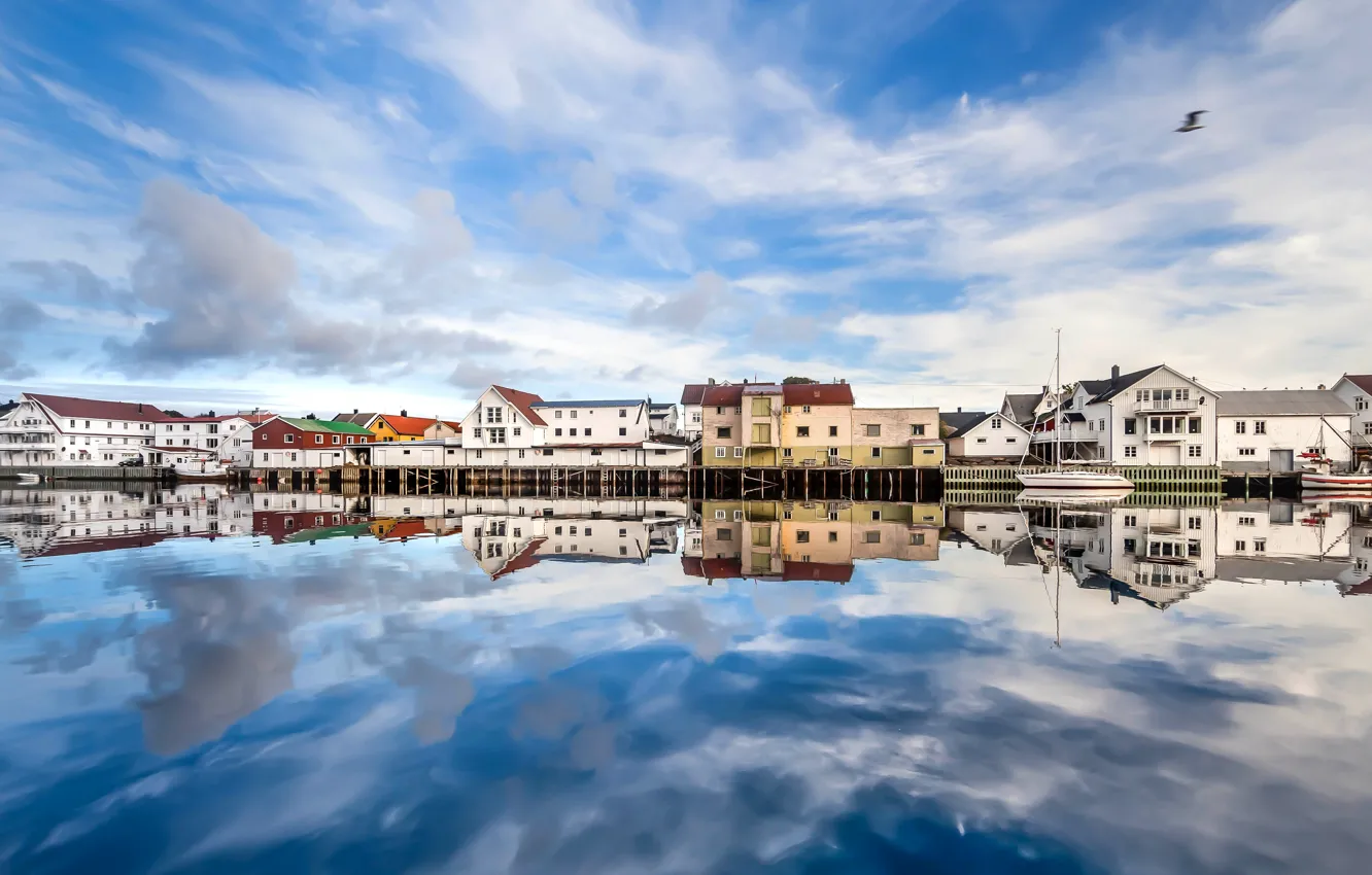 Photo wallpaper the sky, reflection, home, Seagull, boats, sky, houses, reflection