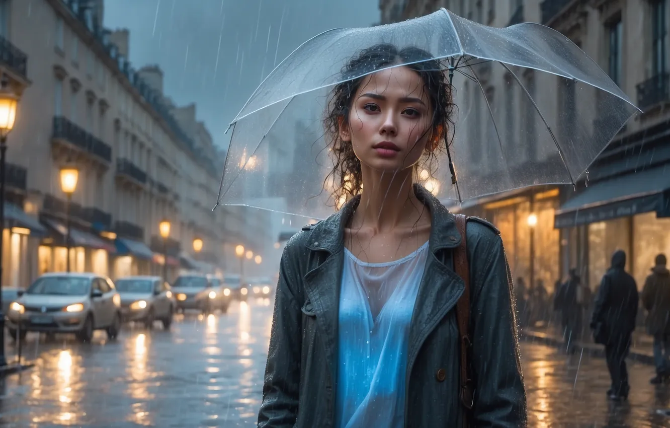Photo wallpaper road, machine, girl, the city, lights, rain, street, people