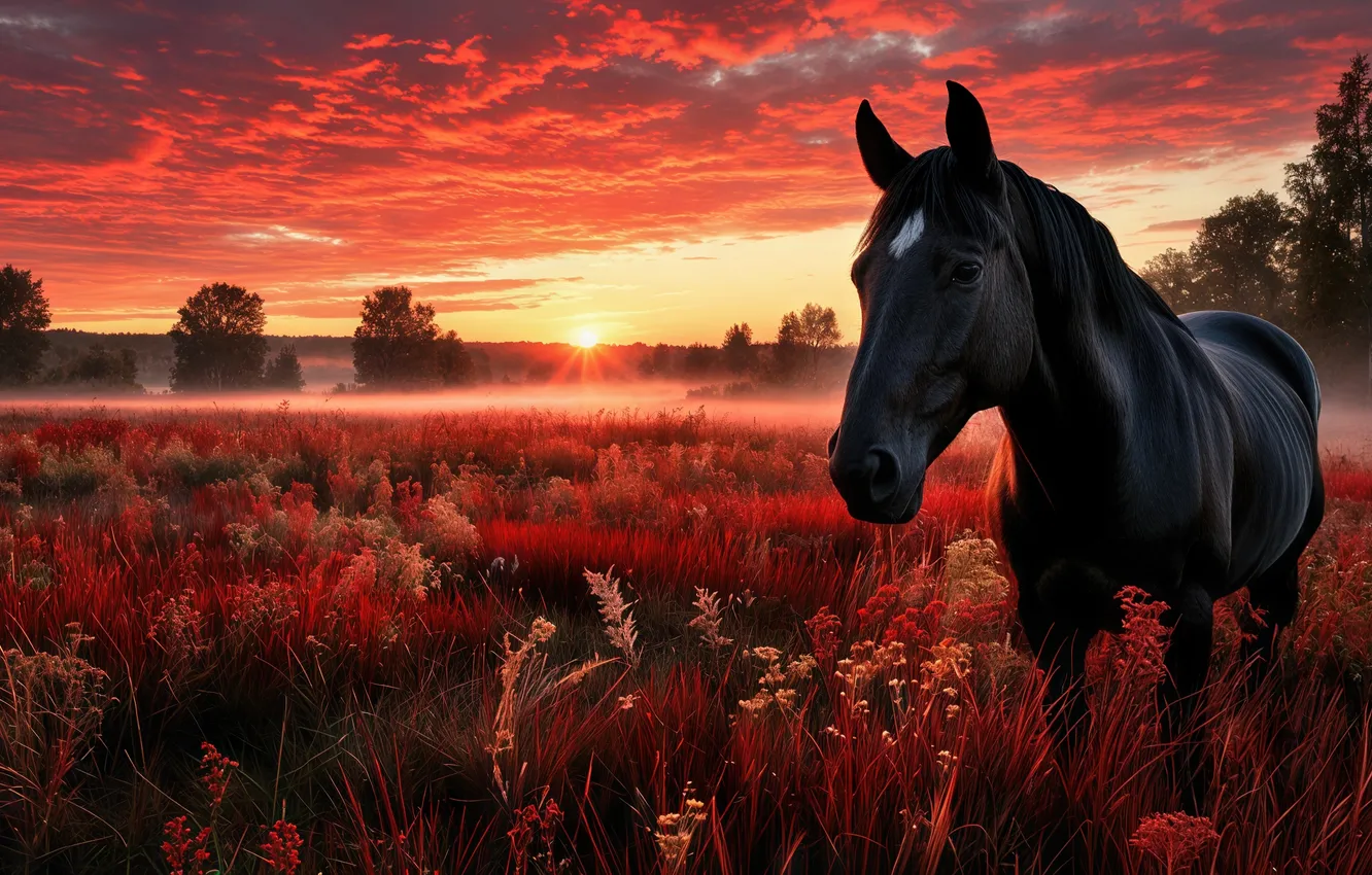 Photo wallpaper field, forest, grass, look, face, the sun, clouds, sunset