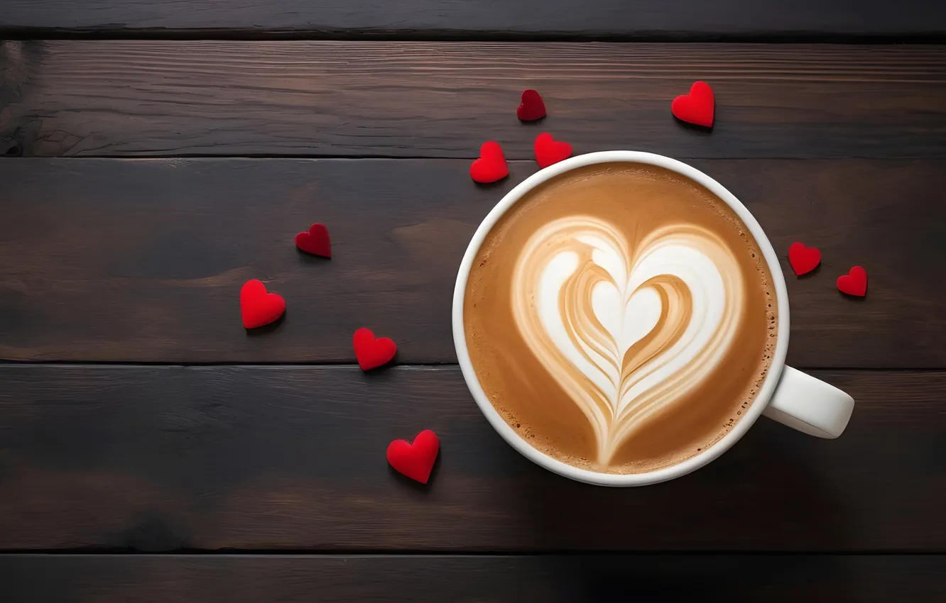 Photo wallpaper love, the dark background, table, holiday, heart, Board, coffee, mug
