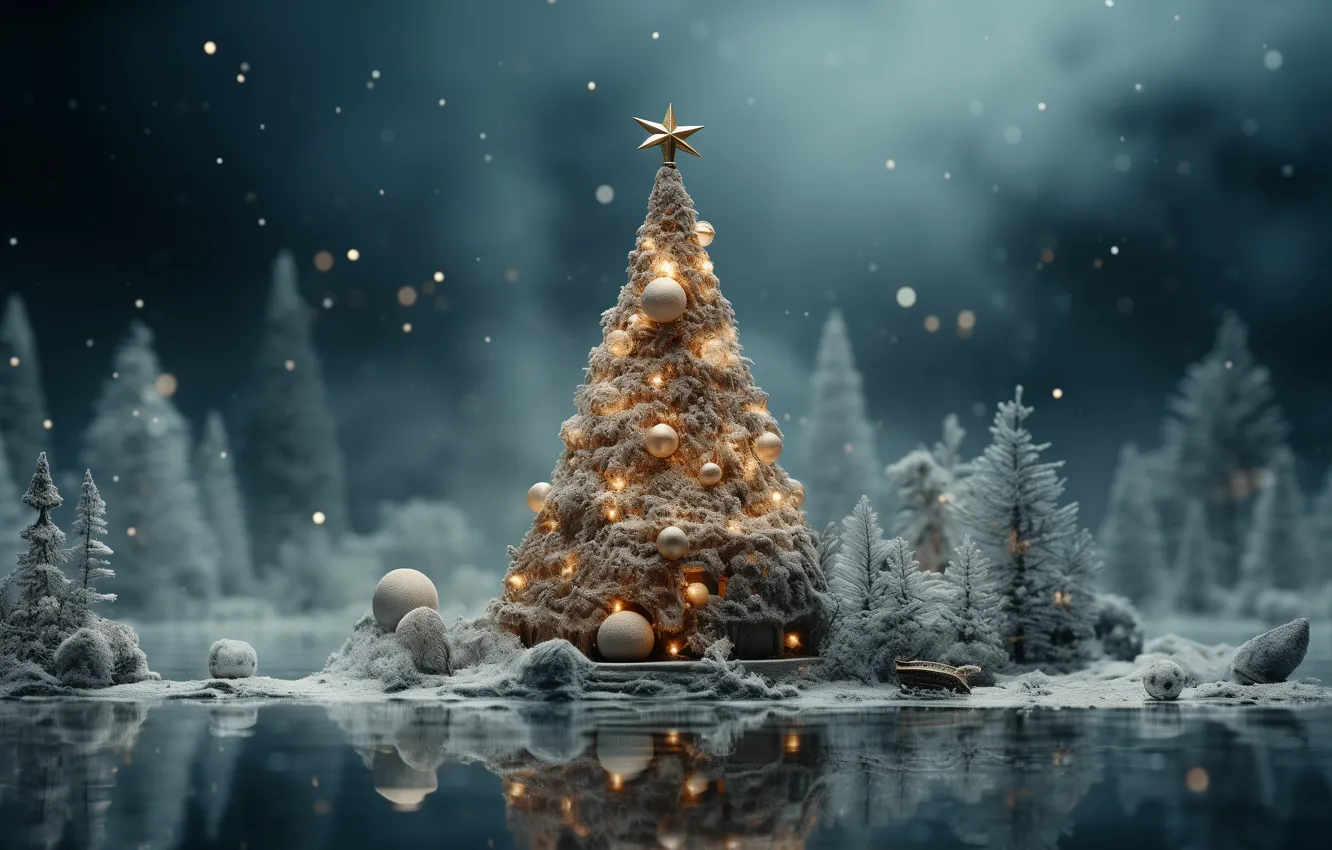 Photo wallpaper winter, frost, forest, balls, snow, fog, reflection, tree