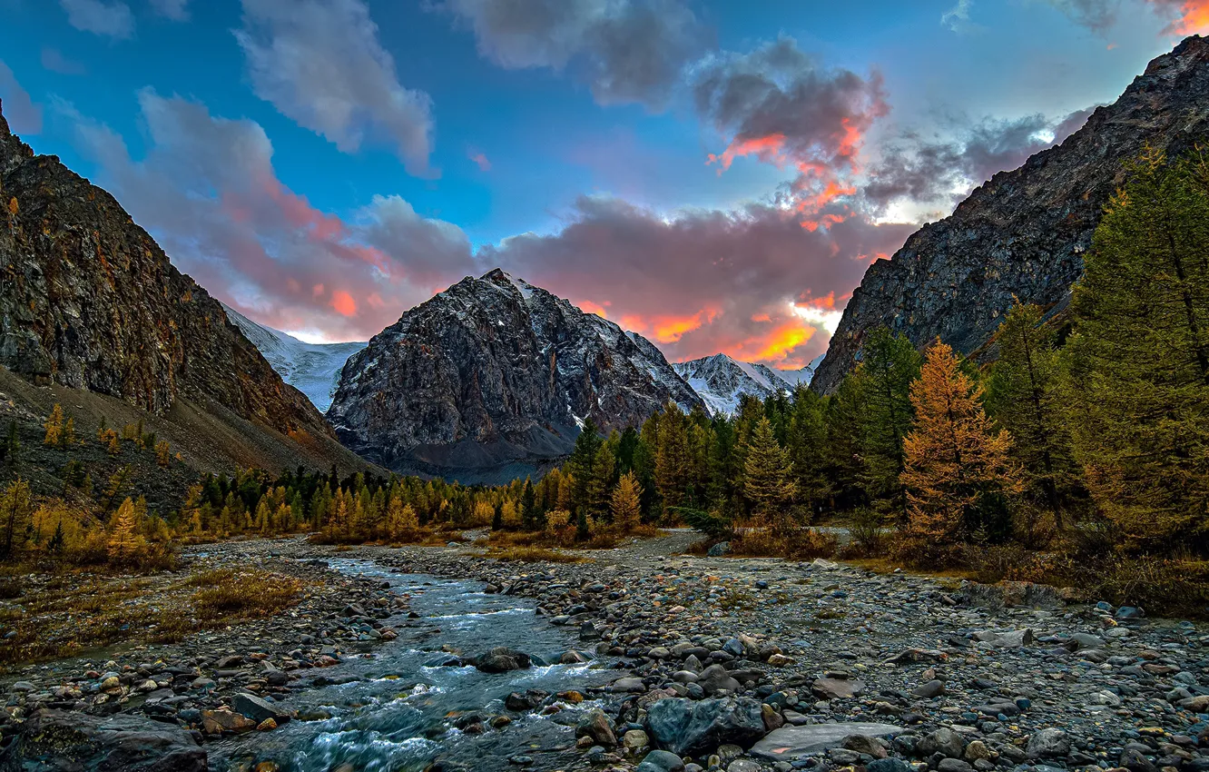 Photo wallpaper autumn, forest, landscape, mountains, nature, river, Altay, Aktru
