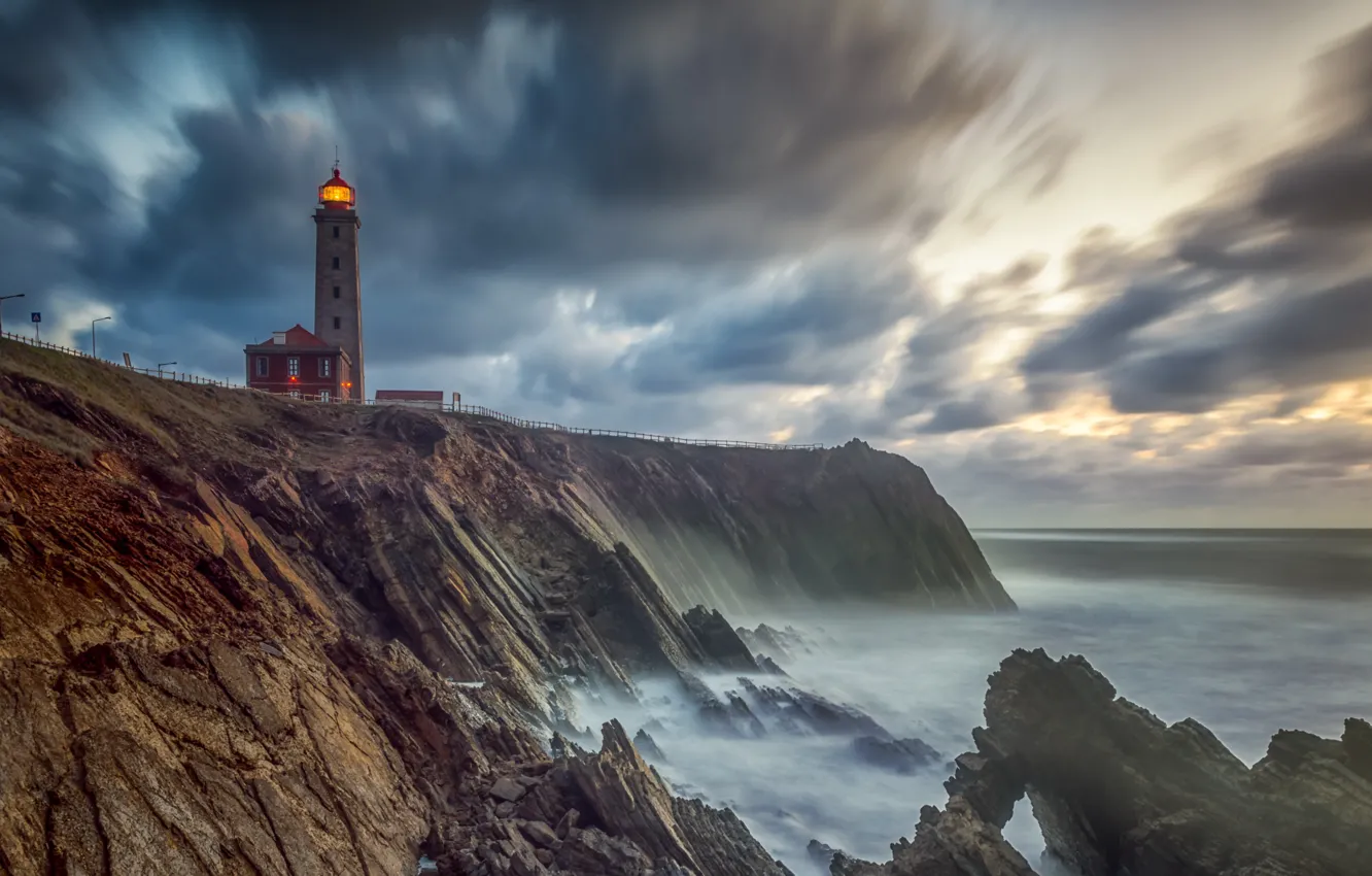 Photo wallpaper sea, fog, shore, lighthouse