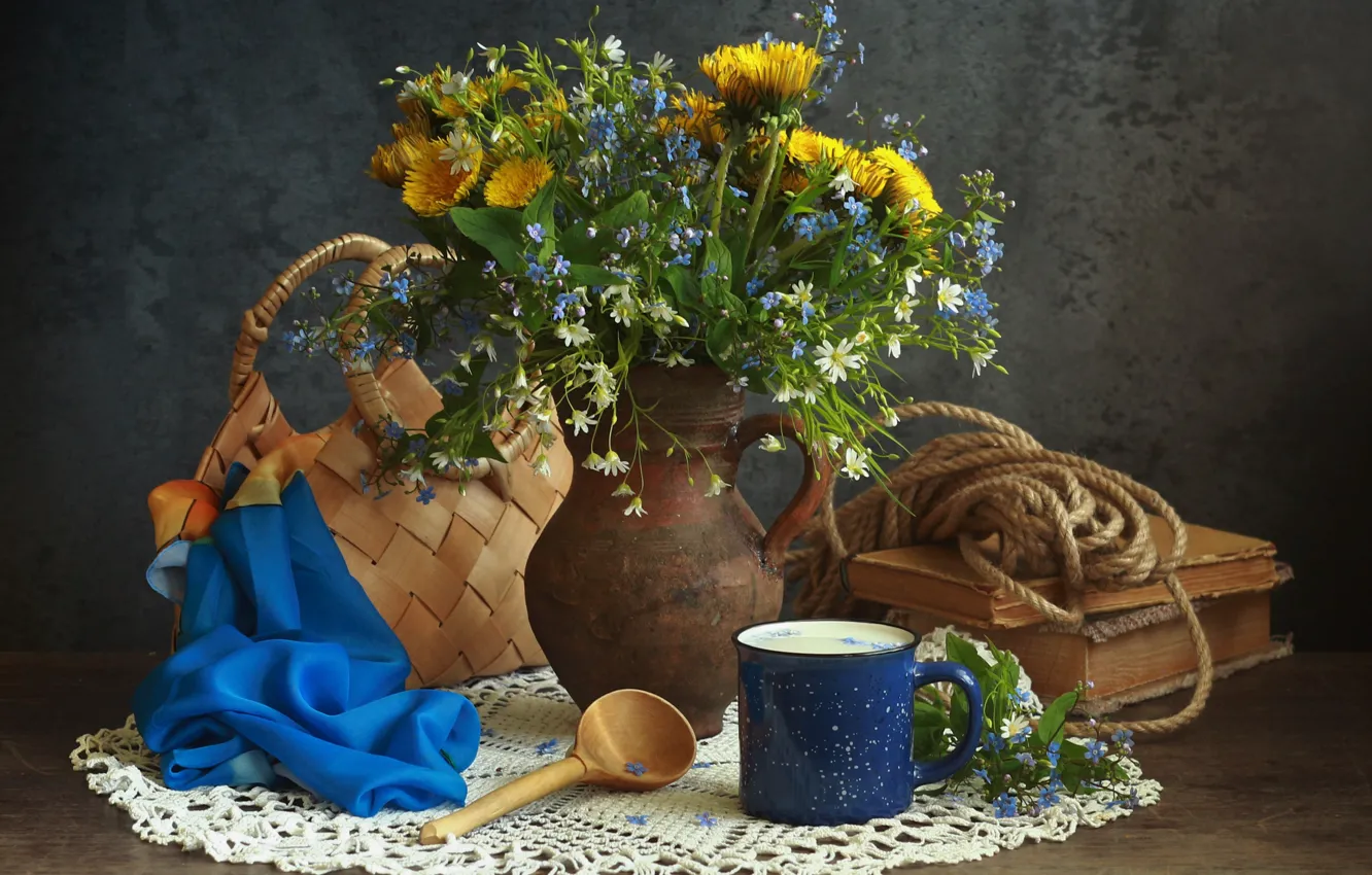 Photo wallpaper flowers, yellow, table, dandelion, blue, bouquet, rope, milk