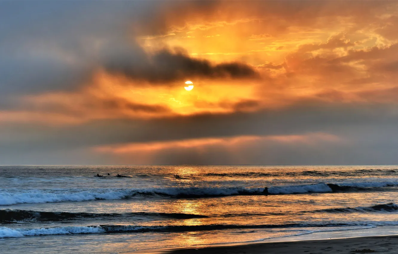 Photo wallpaper sea, wave, the sky, sunset, clouds