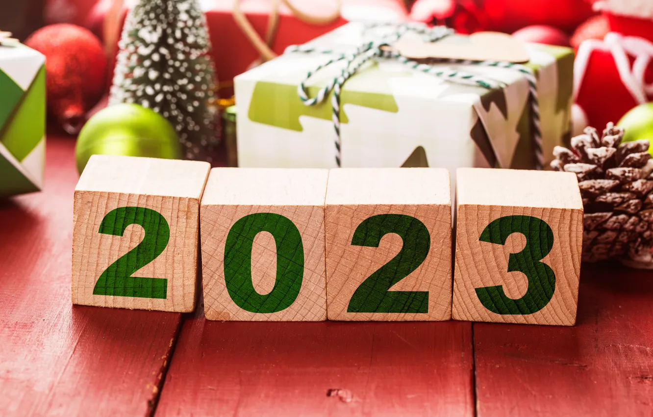 Photo wallpaper balls, box, gift, cubes, Board, new year, figures, wooden