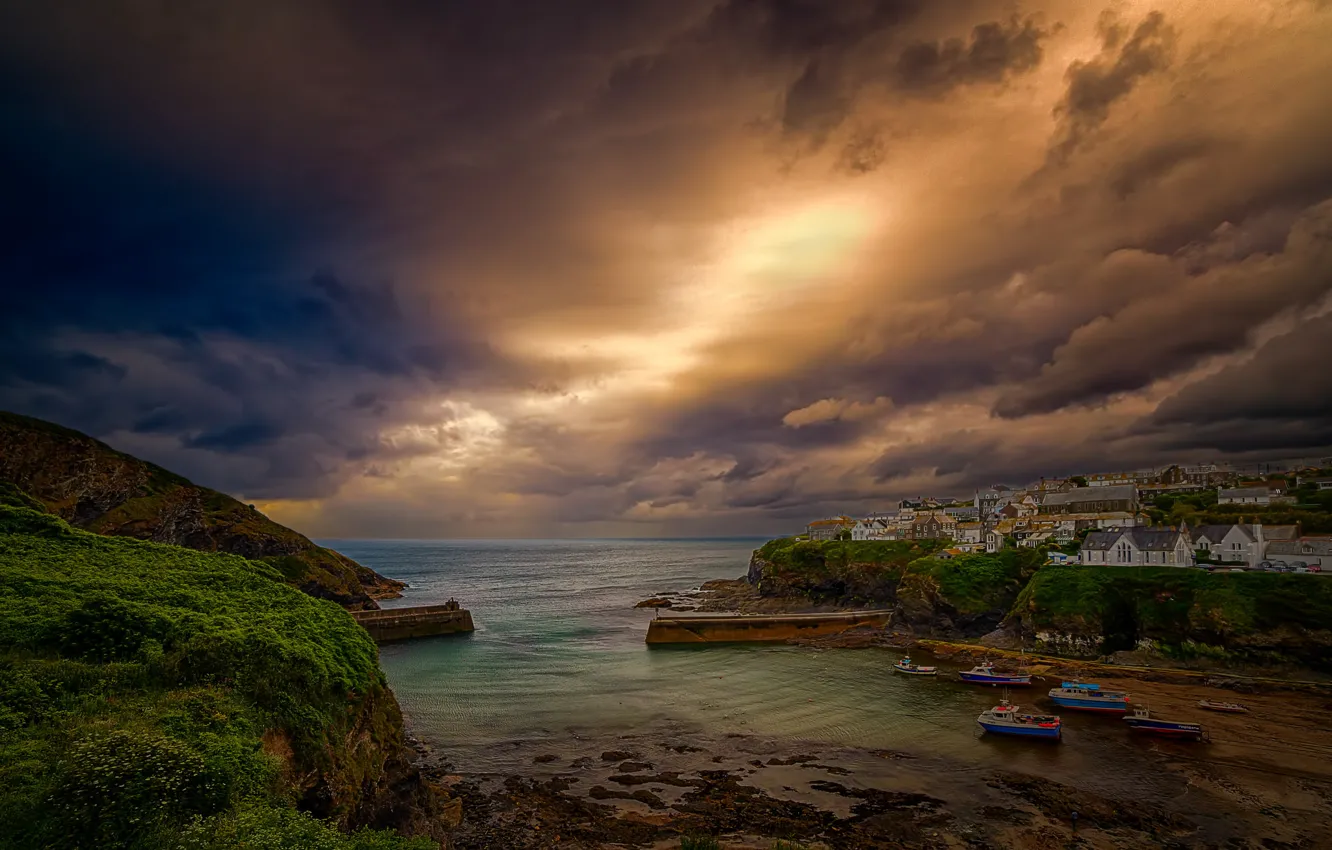 Photo wallpaper the sky, clouds, the city, England, home, Bay, Cornwall, port Isaac