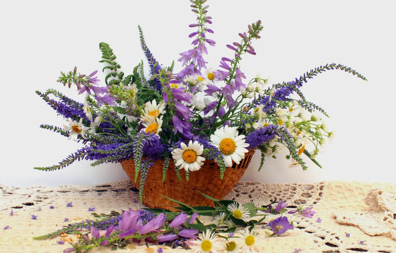 Photo wallpaper flowers, table, basket, chamomile, bells, tablecloth, lupins