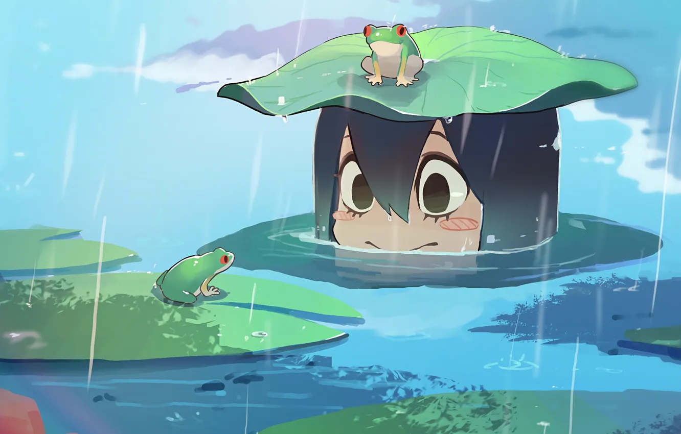 Photo wallpaper girl, rain, frog, smile, anime, water, cute, frogs