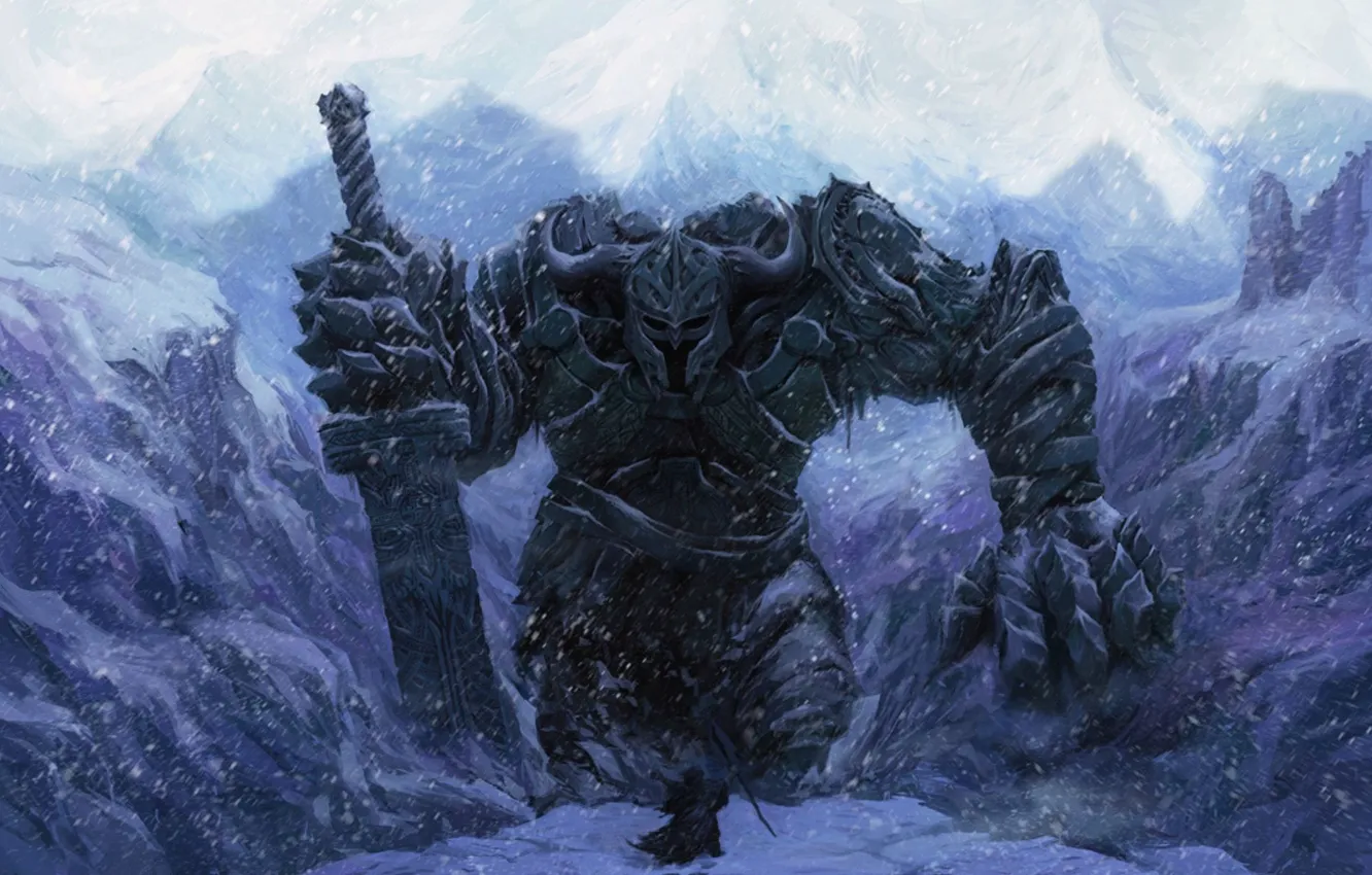 Photo wallpaper winter, snow, people, sword, warrior, giant