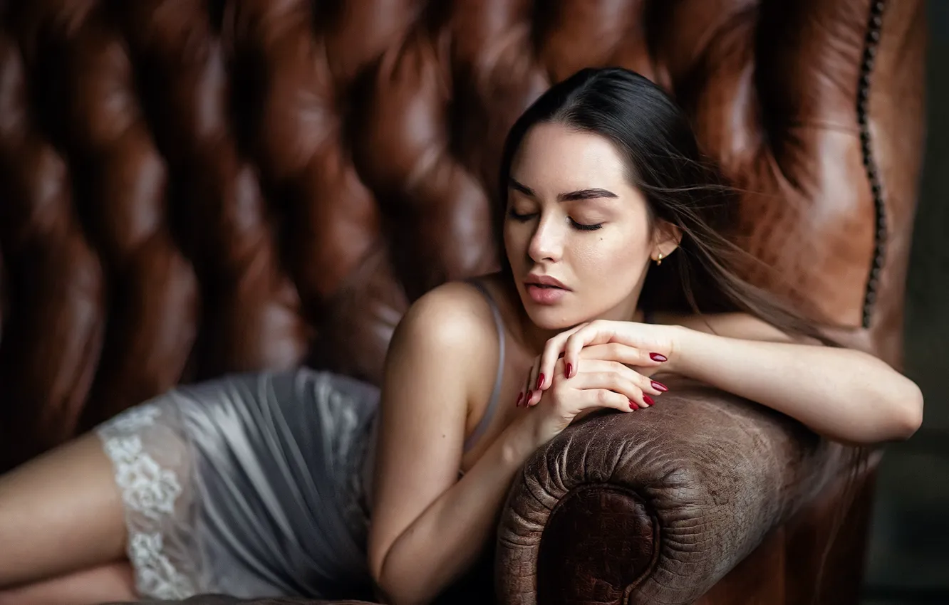 Photo wallpaper girl, face, pose, sofa, hands, combination, manicure, closed eyes