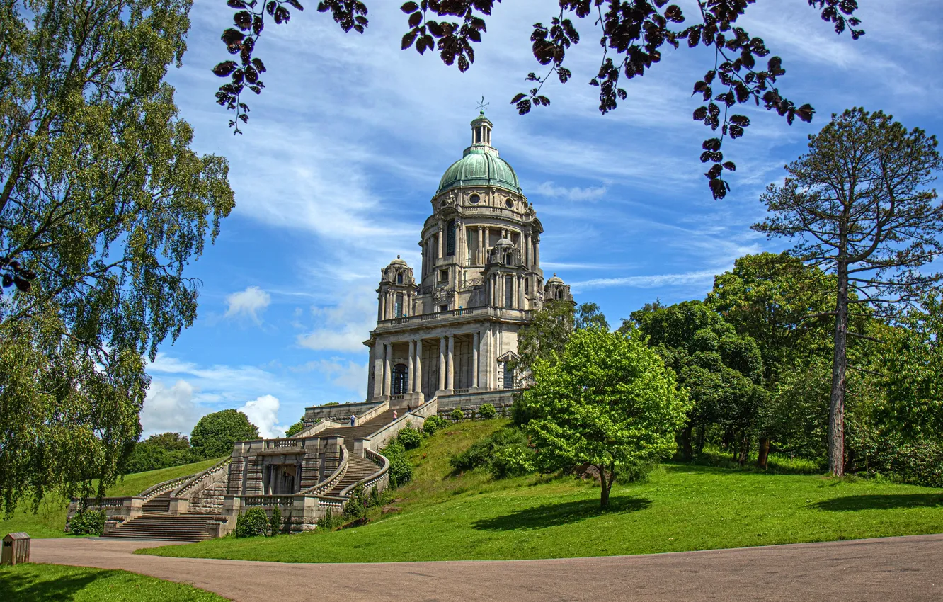 Photo wallpaper greens, the sky, grass, the sun, clouds, trees, Park, England