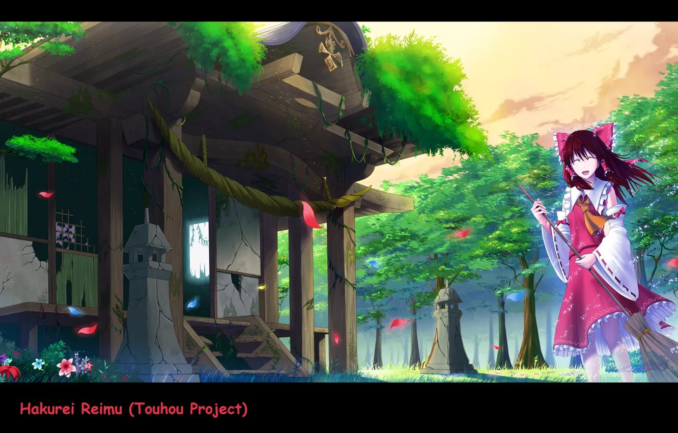 Photo wallpaper smile, the wind, ladder, petals, Japan, lights, broom, flowers