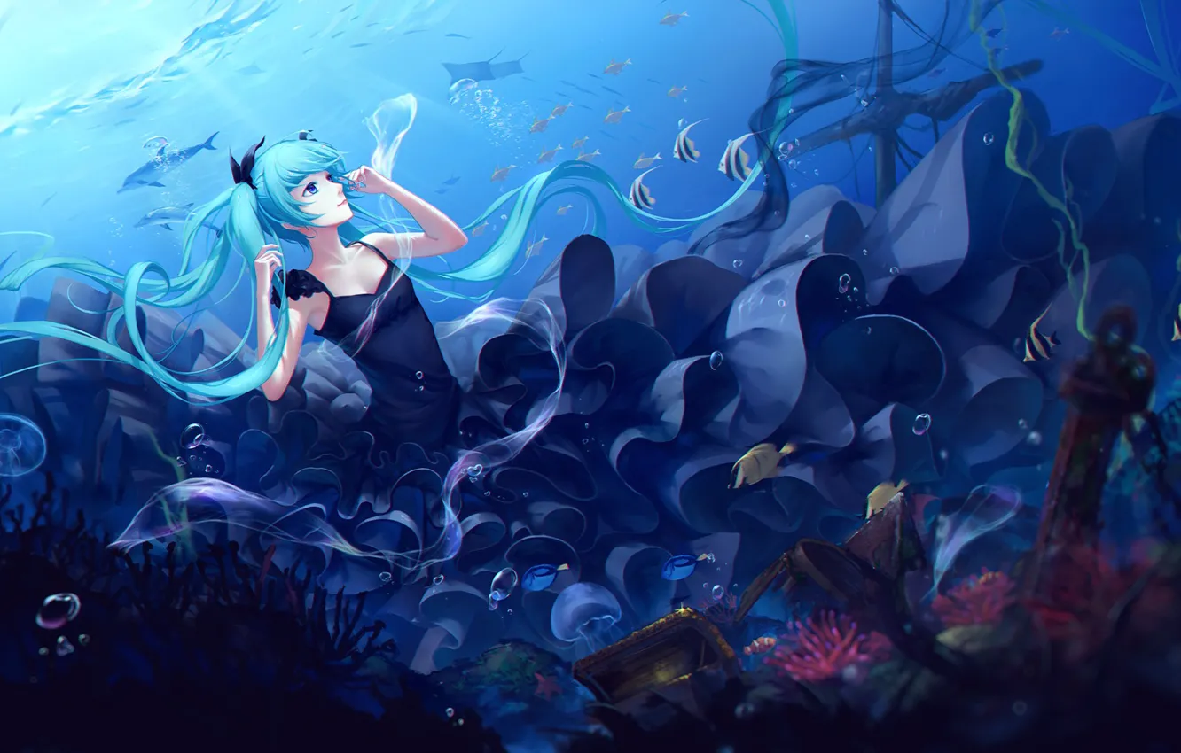 Photo wallpaper girl, fish, bubbles, anime, art, chest, vocaloid, hatsune miku