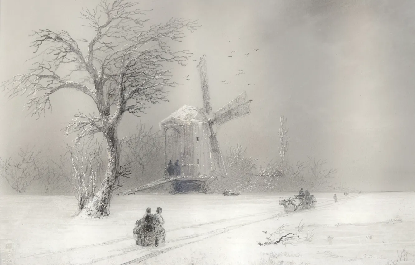 Photo wallpaper winter, road, people, picture, mill, sleigh, Blizzard, Aivazovsky
